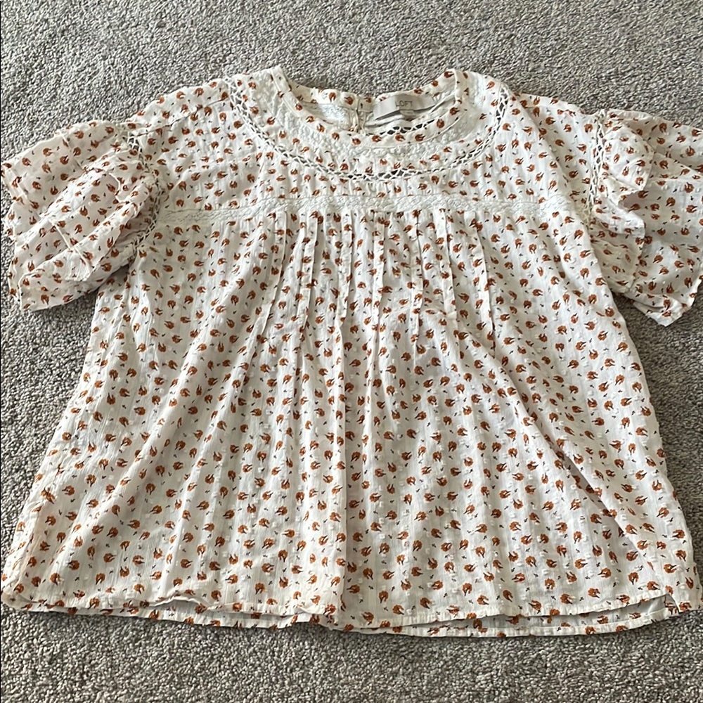 White and Brown Flowing Blouse with Short Puff Sleeves